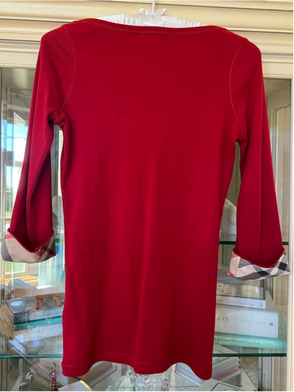 New Burberry Brit Red Long Sleeve Tee with Plaid Cuffs M - Picture 5 of 9